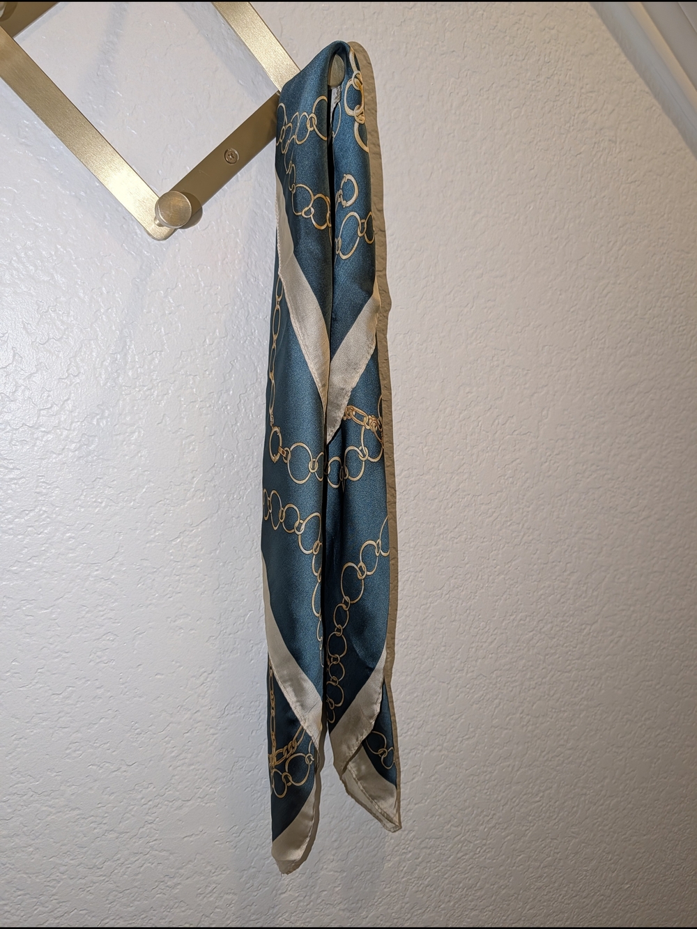 Teal Chain Print Scarf with Cream Trim